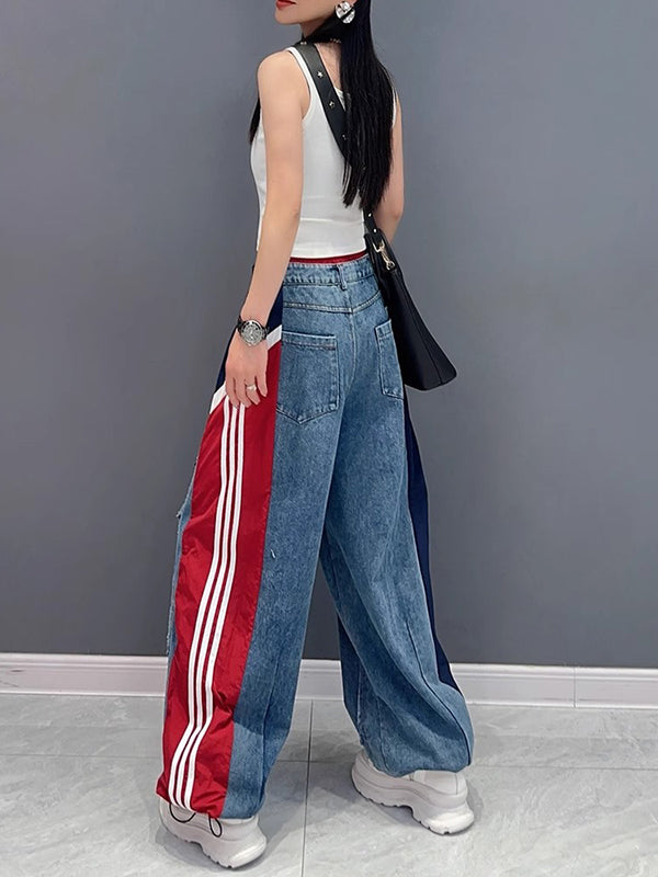 Contrast Color Drawstring Elasticity Fringed Split-Joint Loose Wide Leg Jean Pants Bottoms