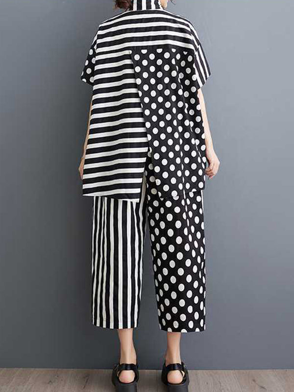 High-Low Asymmetric Half Sleeves Contrast Color Polka-Dot Split-Side Striped Lapel Blouses Top + Pants Bottom Two Pieces Set