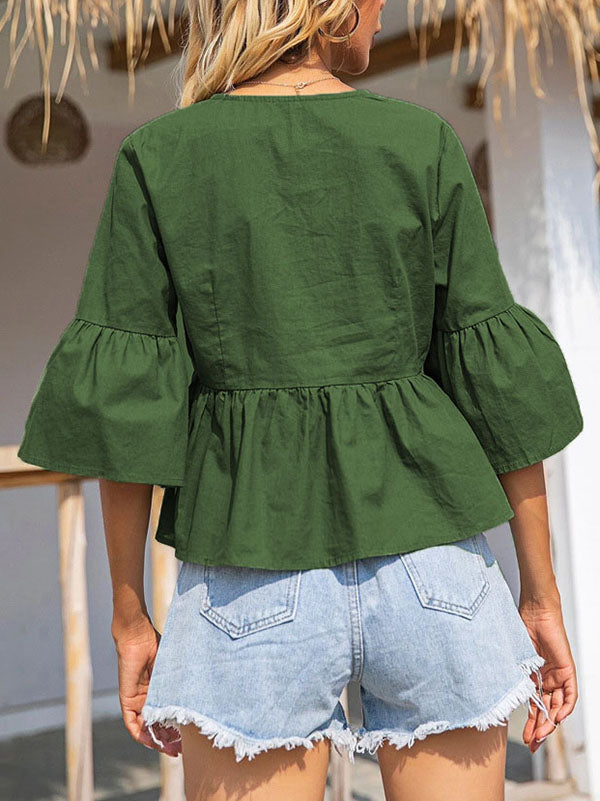 Buttoned Pleated Split-Joint Flared Sleeves Half Sleeves V-Neck T-Shirts Tops