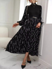 Printed Split-Joint Long Sleeves Puff Sleeves High Neck Maxi Dresses