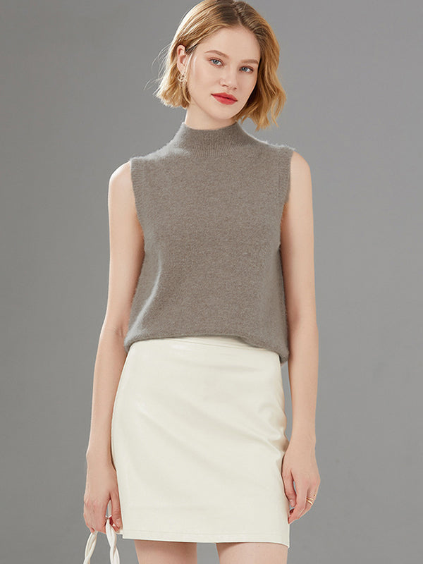 Stylish Wool Sleeveless Solid Color Half Turtleneck Vest Top