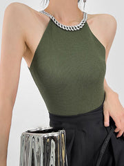 Chains Rhine Stones Split-Joint Skinny Sleeveless Halter-Neck Vest Top