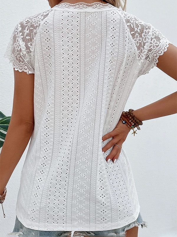 See-Through Solid Color Lace Split-Joint Short Sleeves V-Neck T-Shirts Tops