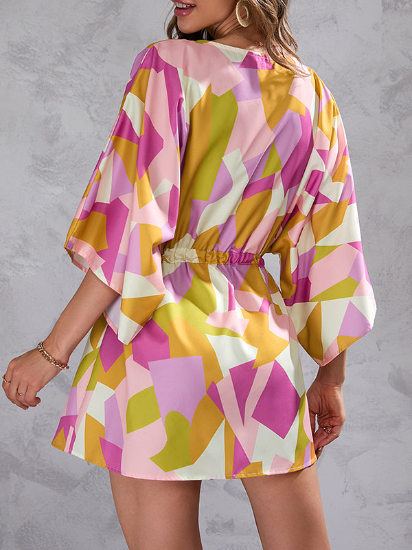 Buttoned Drawstring Printed A-Line Half Sleeves V-Neck Mini Dresses