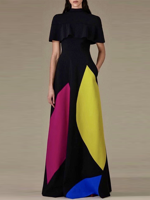 Contrast Color Loose Short Sleeves Stand Collar Maxi Dresses