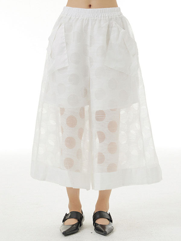 Gauze Polka-Dot See-Through Cropped False Two Casual Pants Bottoms