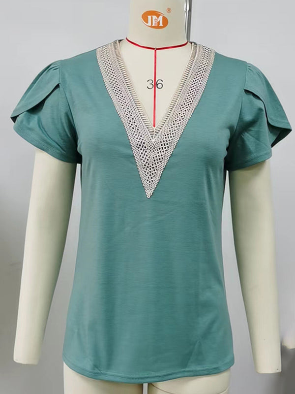 Applique Loose Short Sleeves V-Neck T-Shirts Tops