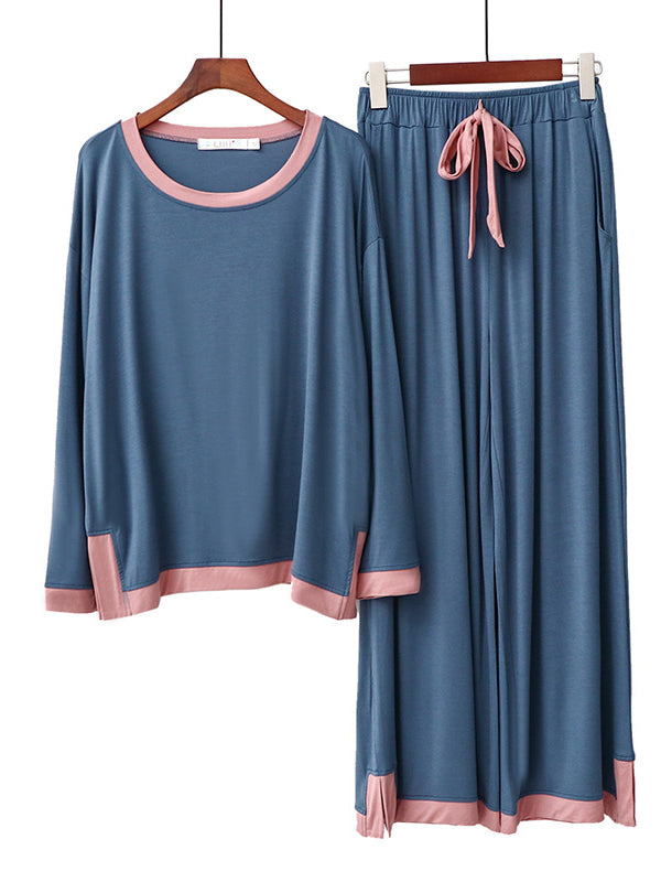 Contrast Color Long Sleeves Loose Round-neck Two Pieces Pajama Set