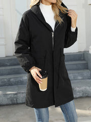 Drawstring Elasticity Pockets Quilted Solid Color Zipper Long Sleeves Loose Hooded Jackets