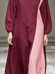 Contrast Color Split-Joint Loose Puff Sleeves High Neck Maxi Dresses