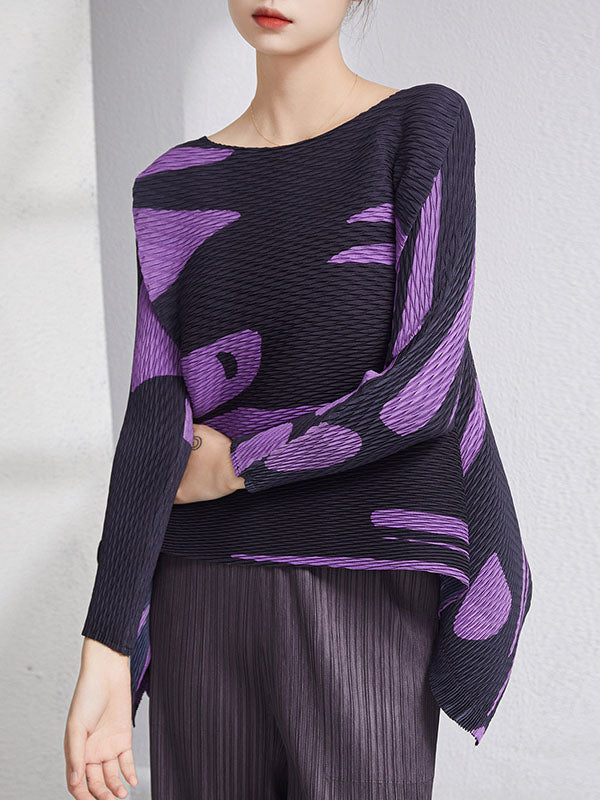 Casual Irregularity Loose Printed Pleated Round-Neck T-Shirts Tops