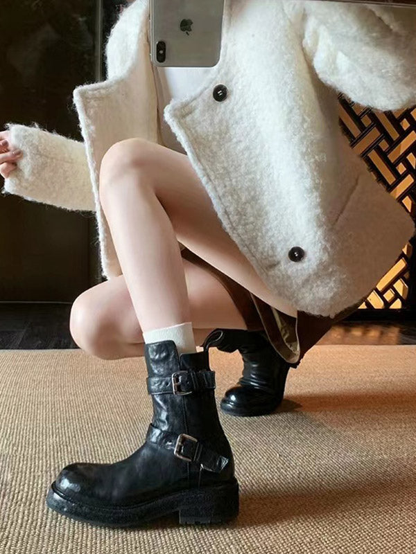Belt Buckle Round-Toe Split-Joint Zipper Boots