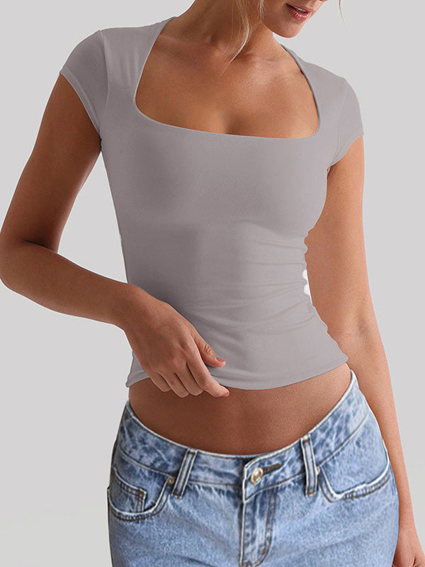Solid Color Short Sleeves Skinny Square-Neck T-Shirts Tops
