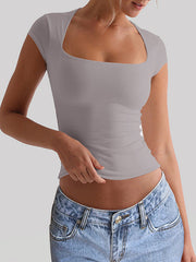 Solid Color Short Sleeves Skinny Square-Neck T-Shirts Tops