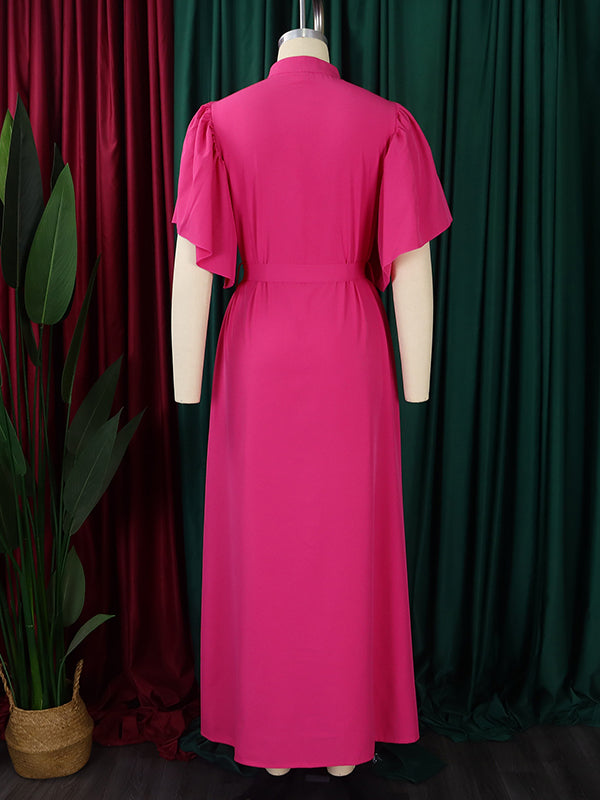 Pleated Solid Color Split-Joint Tied Waist Flared Sleeves Loose Stand Collar Shirt Dress Maxi Dresses