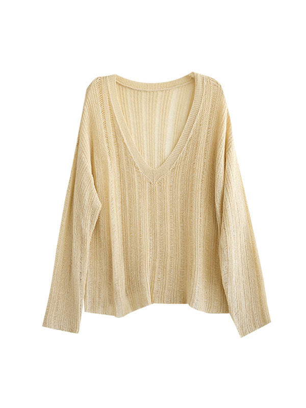Hollow Solid Color Long Sleeves Loose V-Neck Pullovers