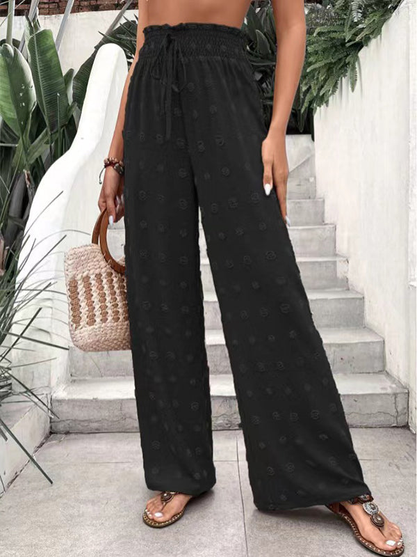 Drawstring Elasticity Jacquard Solid Color High Waisted Loose Trousers Pants