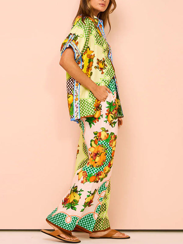 Contrast Color Floral Printed Loose Short Sleeves Lapel Shirt Top&Pants Two Pieces Set