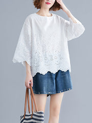 Hollow Print Loose Three-quarter Sleeves Round-neck Blouses&shirts Tops