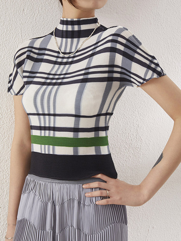 Contrast Color Pleated Short Sleeves Mock Neck T-Shirts Tops