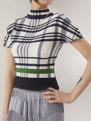 Contrast Color Pleated Short Sleeves Mock Neck T-Shirts Tops