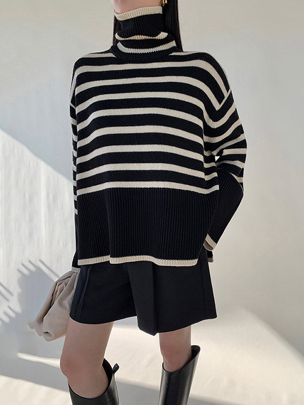 Contrast Color Pleated Split-Joint Split-Side Striped Patterns Long Sleeves Loose High Neck Sweater Tops