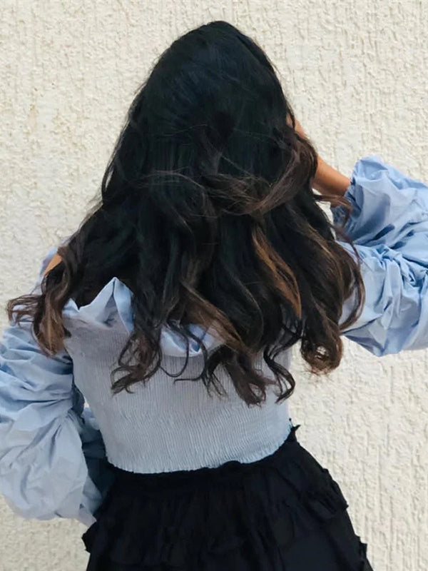 Elasticity Ruffle Trim Solid Color Split-Joint Long Sleeves Loose Off-The-Shoulder Blouses&Shirts Tops