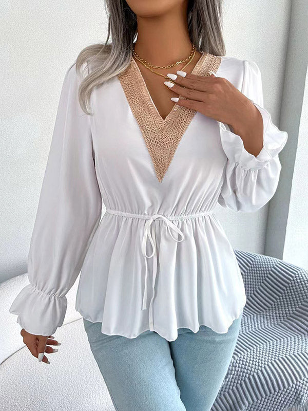 Drawstring Elasticity Split-Joint Flared Sleeves Long Sleeves V-Neck Blouses&Shirts Tops