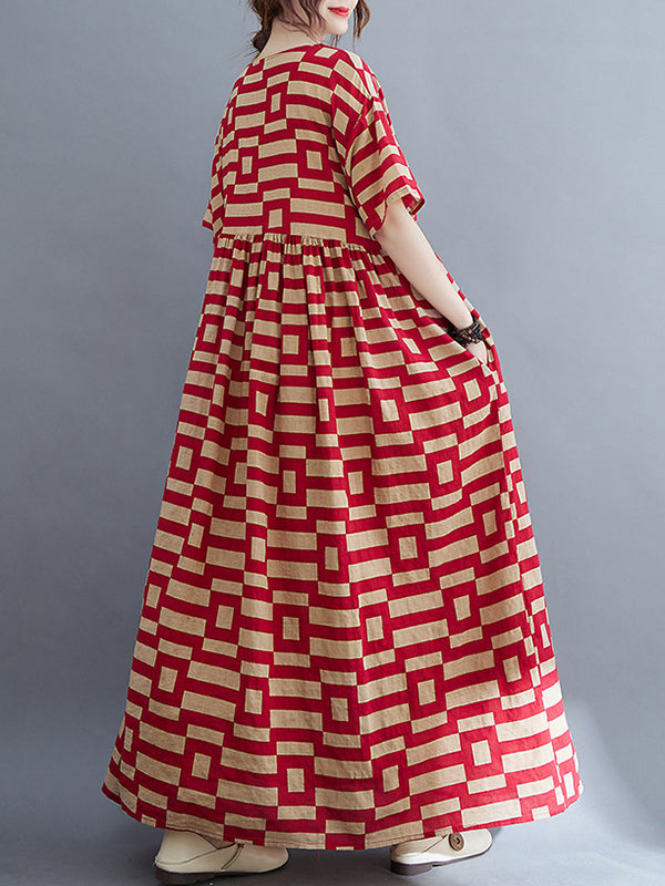 Plaid Loose Short Sleeves Round-Neck Midi Dresses