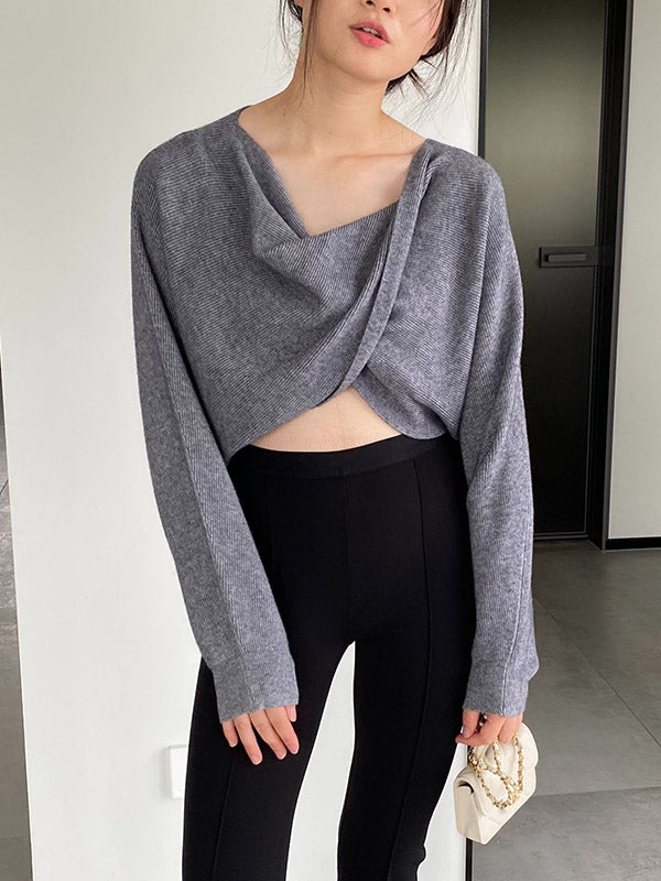 Knot Solid Color Batwing Sleeves Long Sleeves V-Neck Sweater Tops Pullovers