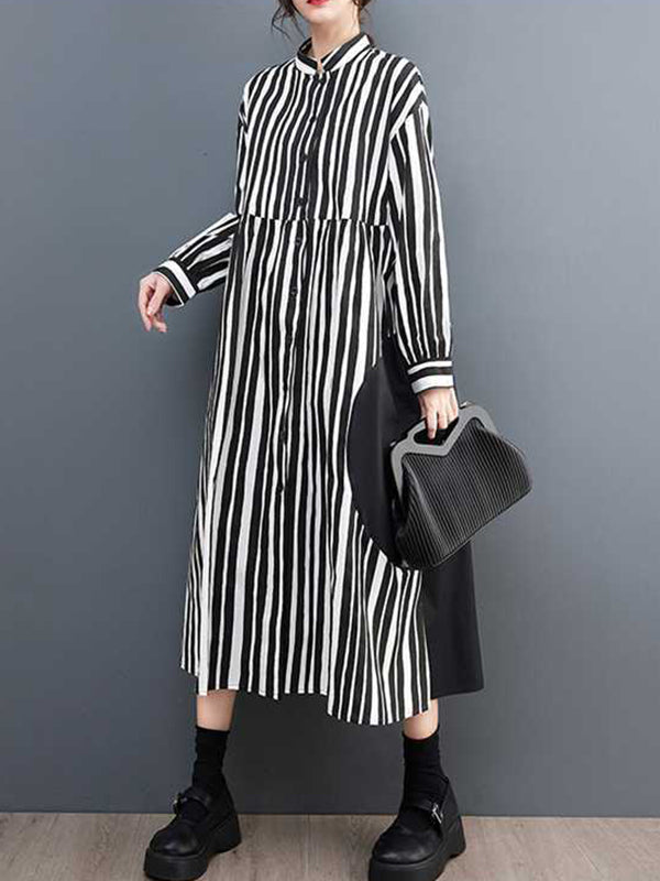 Buttoned Split-Joint Striped Long Sleeves Loose Mock Neck Midi Dresses