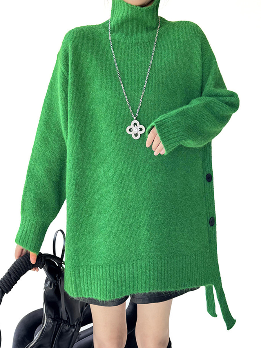 Buttoned Ribs Solid Color Split-Joint Irregularity Long Sleeves High Neck Sweater Tops