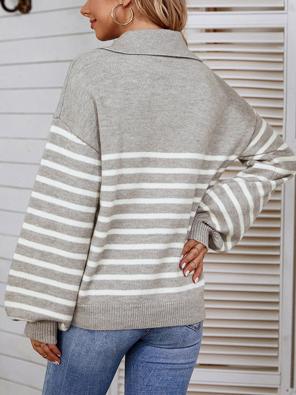Casual Long Sleeves Loose Striped Lapel Collar Sweater Tops