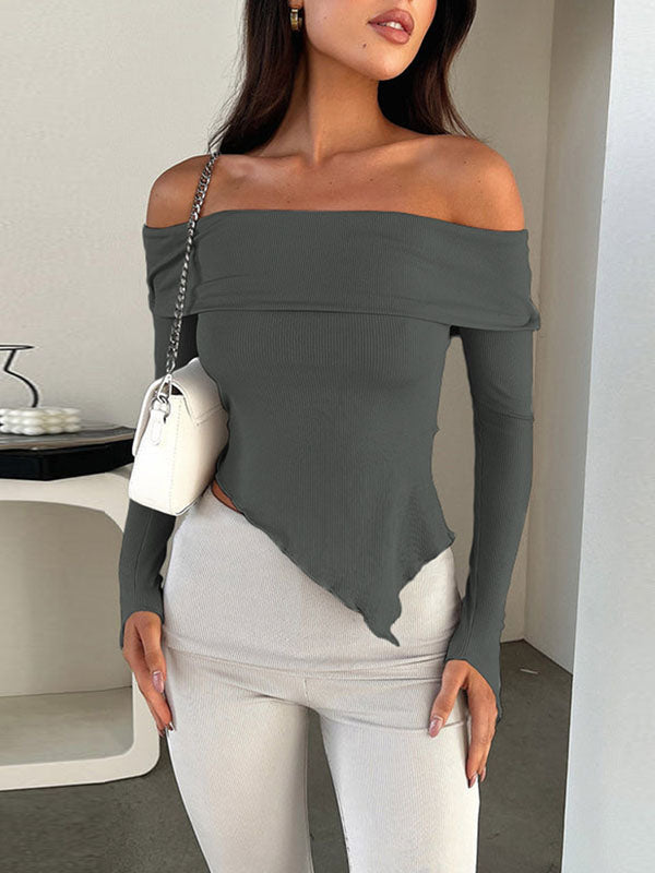 Solid Color Irregular Clipping Long Sleeves Off-The-Shoulder T-Shirts