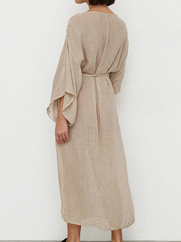 See-Through Solid Color Split-Side Tied Waist Loose Three-Quarter Sleeves V-Neck Midi Dresses