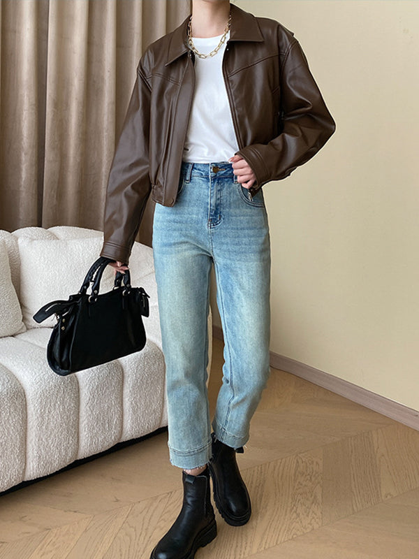 Solid Color Split-Joint Zipper Long Sleeves Loose Lapel Jackets&Coats