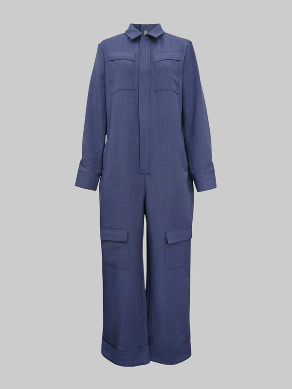 Long Sleeves Loose Solid Color Zipper Lapel Jumpsuits