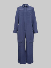 Long Sleeves Loose Solid Color Zipper Lapel Jumpsuits