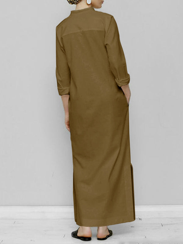 Solid Color Split-Joint Long Sleeves Loose V-Neck Maxi Dresses