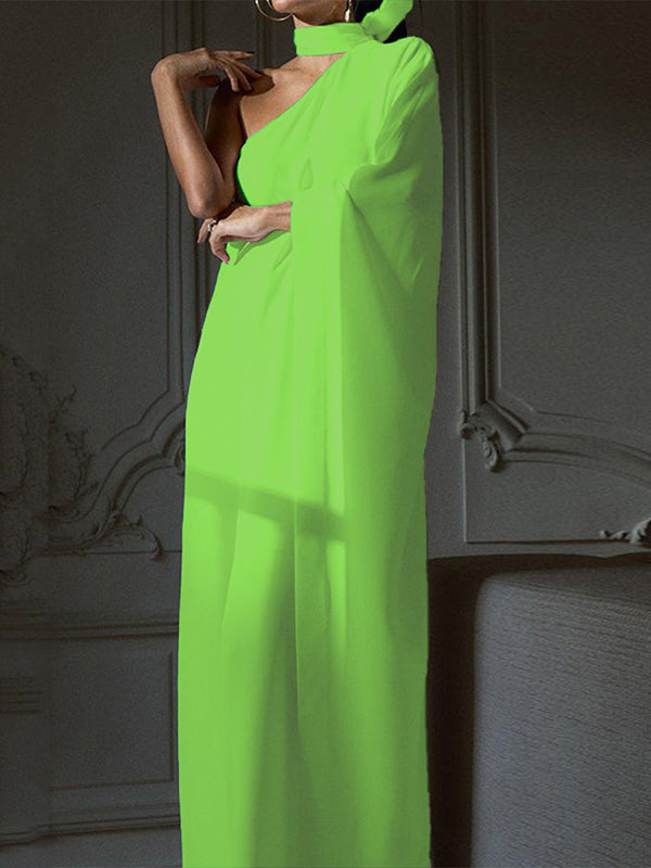 Asymmetric Solid Color Batwing Sleeves Loose Halter-Neck Maxi Dresses