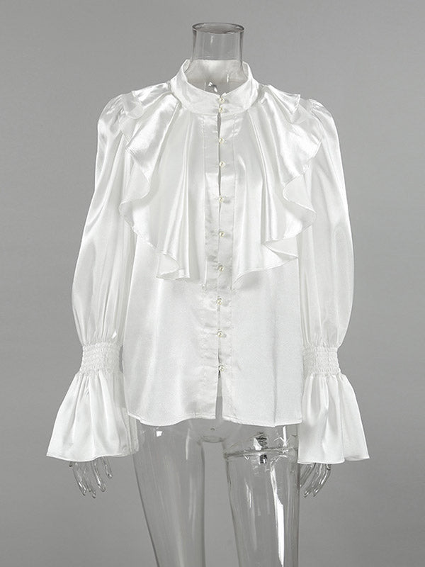 Falbala Solid Color Split-Joint Flared Sleeves Loose Stand Collar Blouses&Shirts Tops
