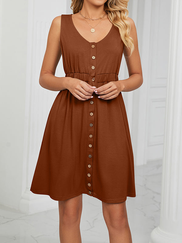 Buttoned Elasticity Pleated Pockets Split-Joint A-Line Loose Round-Neck Mini Dresses