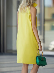 Buttoned Pockets Solid Color Loose Sleeveless Stand Collar Shirt Dress Midi Dresses