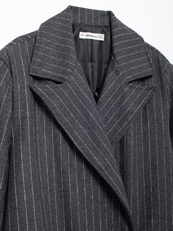 Split-Joint Striped Long Sleeves Loose Lapel Woolen Coat Trench Coats