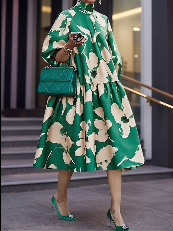 Flower Print Half Sleeves Loose High Neck Midi Dresses