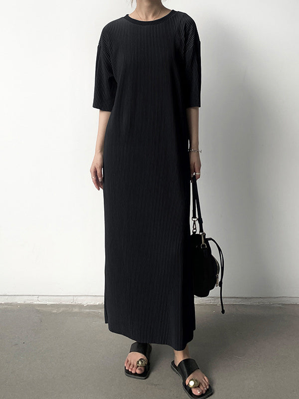 Pleated Solid Color Half Sleeves Loose Round-Neck Midi Dresses