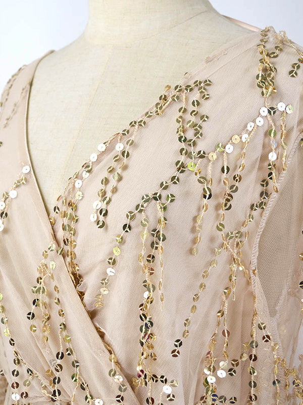 Gauze Pockets See-Through Sequined Split-Joint Long Sleeves Loose V-Neck Midi Dresses Evening Dresses