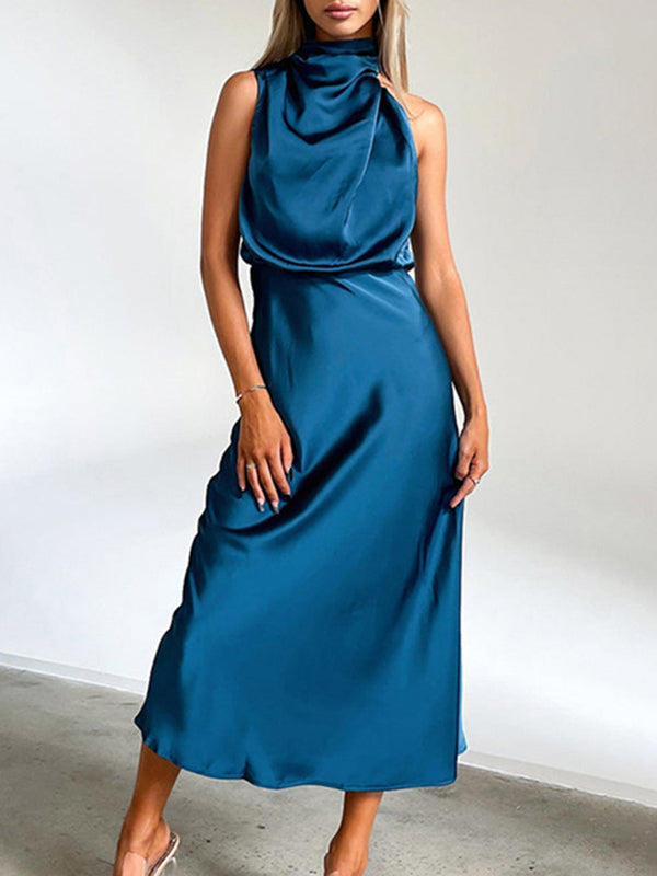 Solid Color High Waisted Sleeveless Halter-Neck Midi Dresses