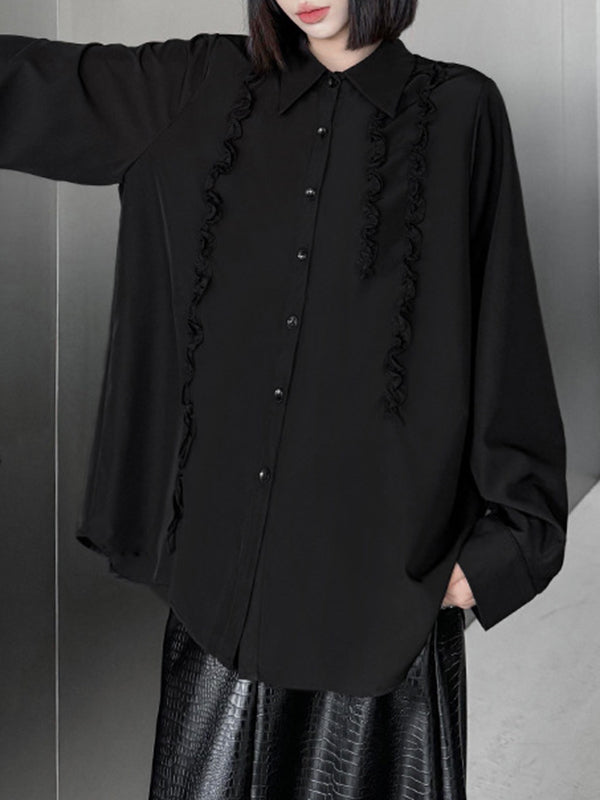 Buttoned Falbala Ruffled Solid Color Split-Joint Hipster Long Sleeves Lapel Blouses&shirts Tops