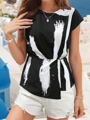 Contrast Color Printed Split-Joint Loose Short Sleeves Round-neck T-Shirts Tops